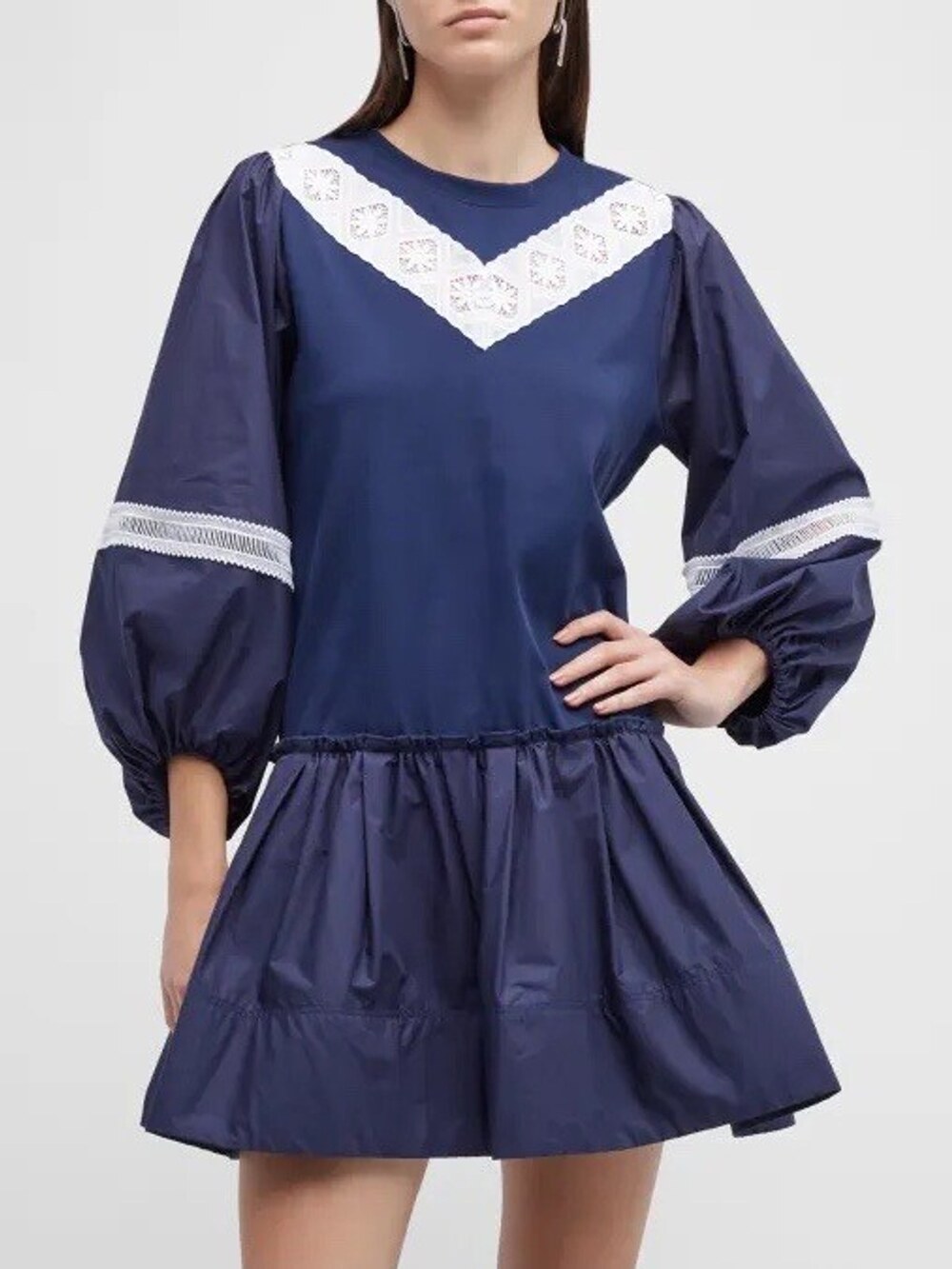Tanya Taylor Puff Sleeve Dress Women's Medium Kristie Navy White Lace $445